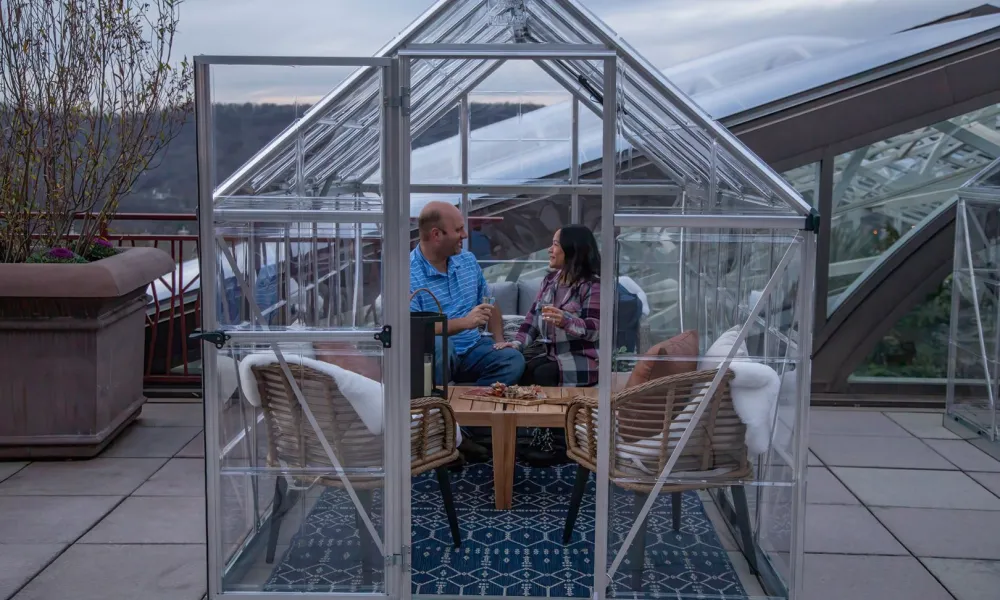 Couple sitting in Champagne Chalets