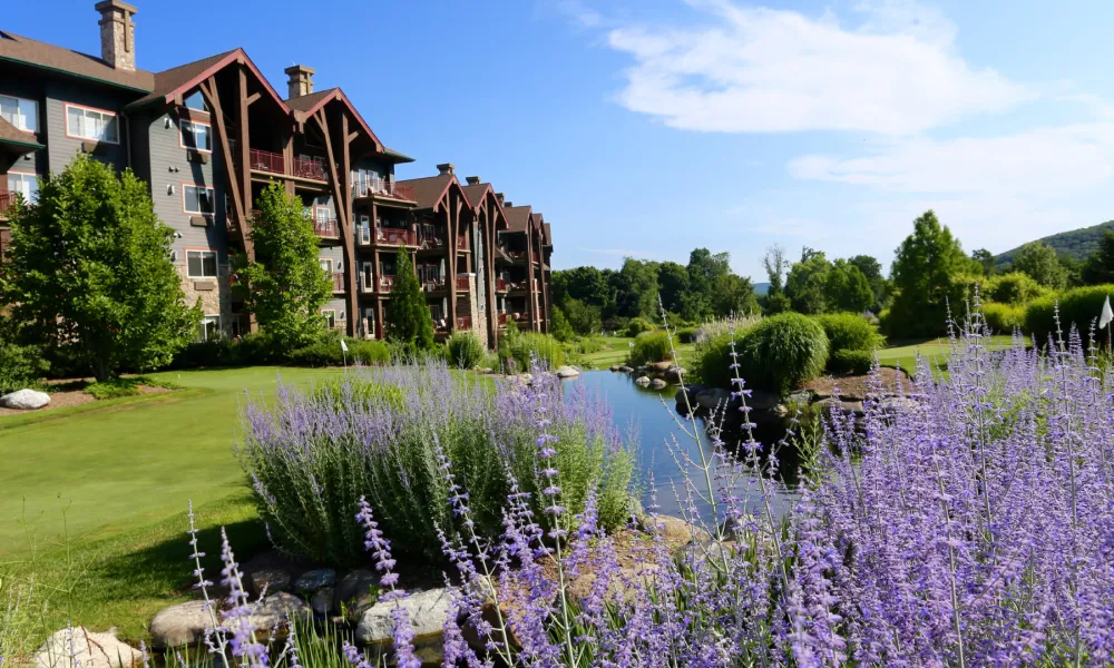 Flowers in front of Grand Cascades Lodge