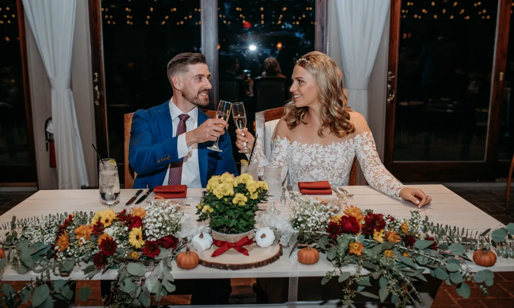 Bride and groom cheersing during their Ballyowen Bailigh Bluff House wedding reception.