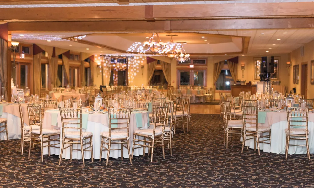 Black Bear Ballroom set up for wedding reception. 