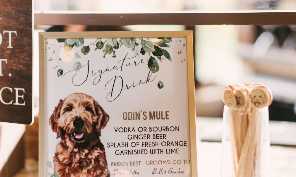 Bar sign featuring a dog at a Ballyowen Bailigh Bluff House wedding reception.