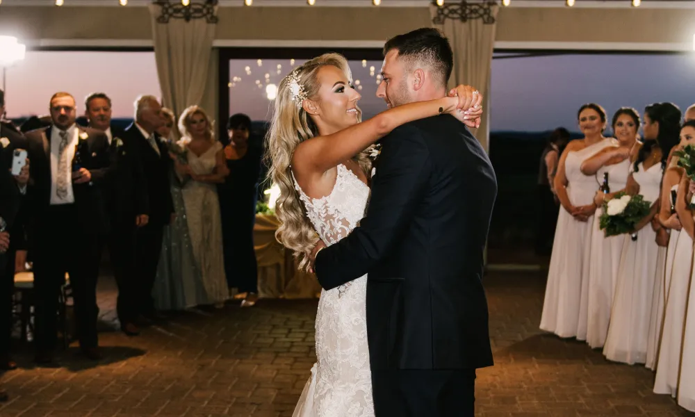 Bride and groom dance during their Ballyowen Bailigh Bluff House wedding reception.