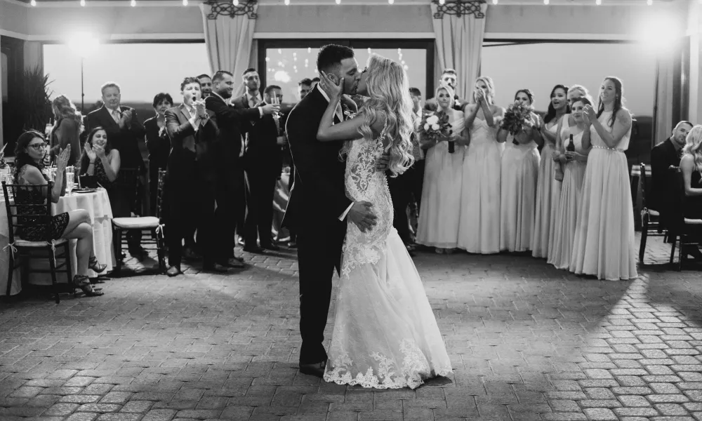 Bride and groom dance during their Ballyowen Bailigh Bluff House wedding reception.