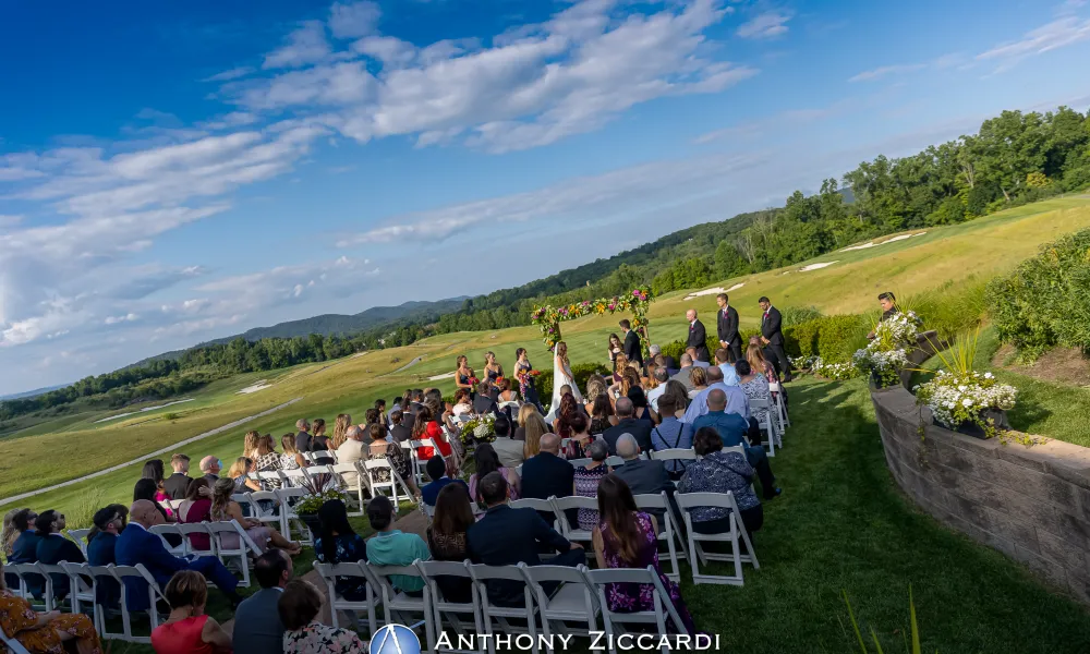 Ceremony in Ballyowen Wedding Garden with beautiful mountain vistas.