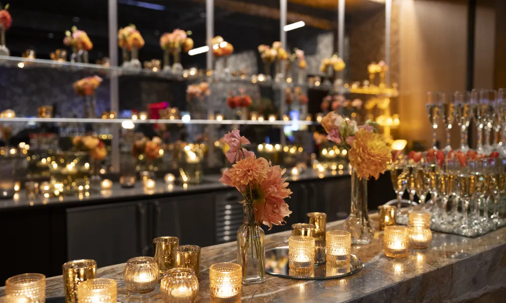 Bar decorated with tea lights in the Canyon Ballroom.