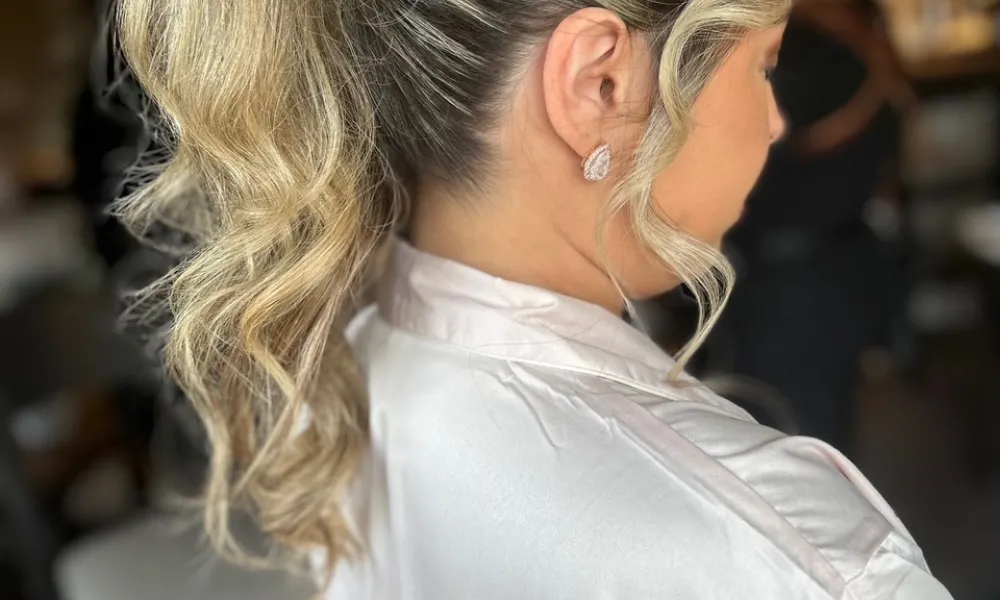 Blonde updo in a ponytail. 