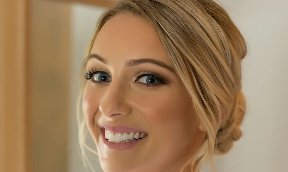 Woman, with updo hairstyle, smiles at the camera. 