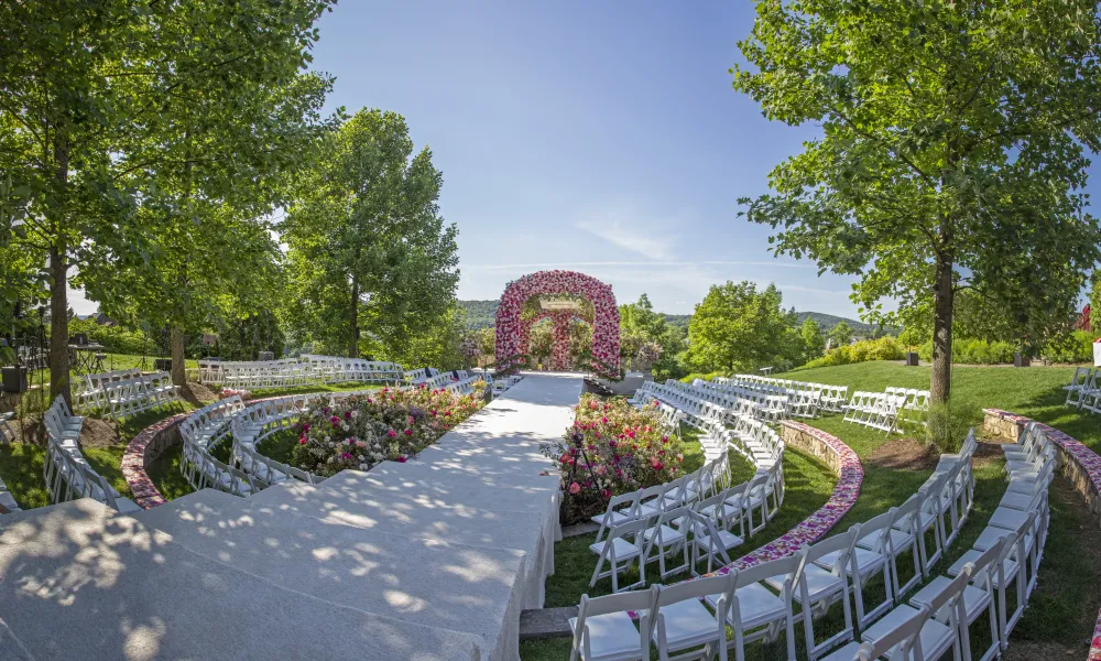 Wedding ceremony featuring pink florals in the Amphitheatre.