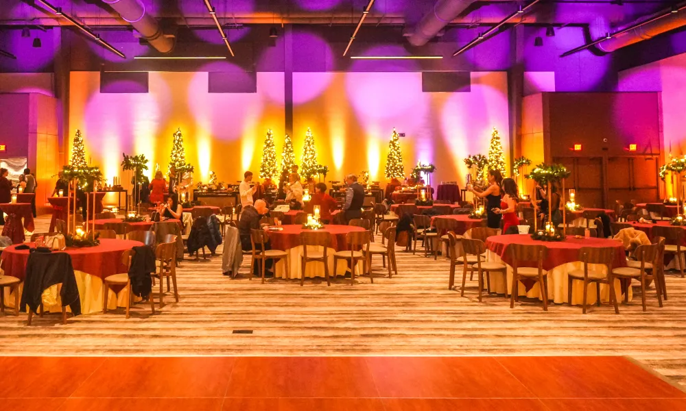 Ballroom setup with holiday decorations