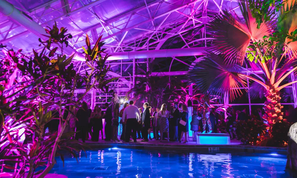 Guests standing around Biosphere Pool during party. 