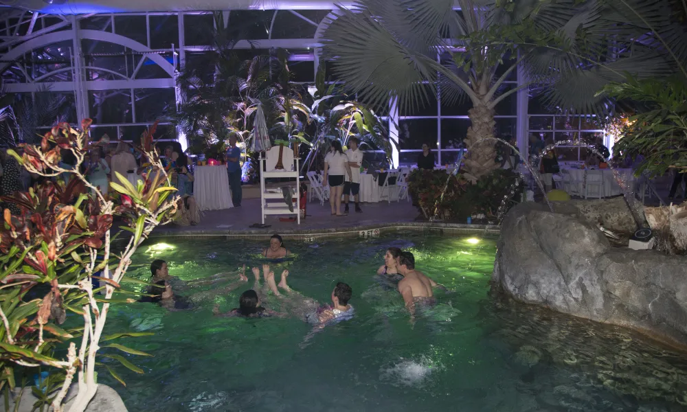 Group of adults swimming in Biosphere pool complex. 