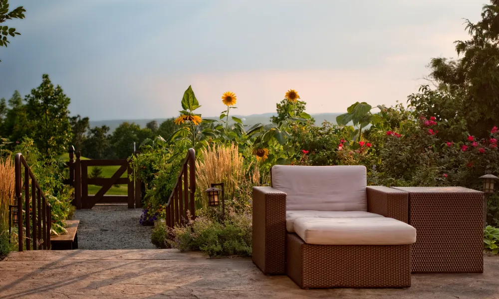 Lounge chair in the floral Chef's Garden at Crystal Springs Resort