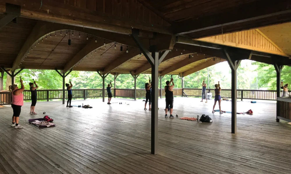 People taking a class in Sweetgrass Pavillion.