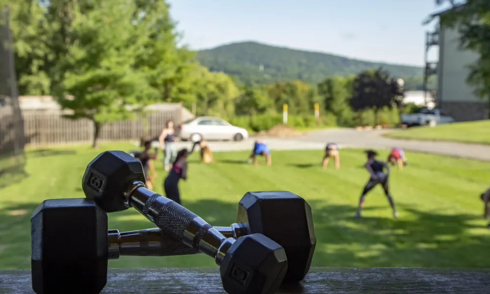 Close up of dumbbells with people working out in background.