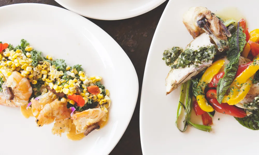 Array of plated food from chef's garden made with fresh veggies