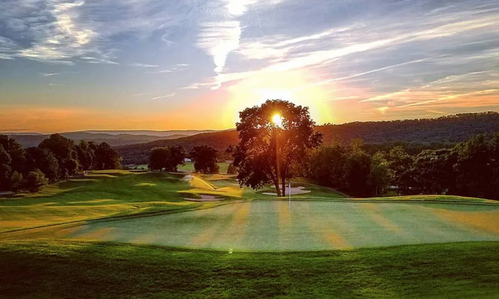 A sunset through a tree at the Black Bear golf course at Crystal Springs Resort