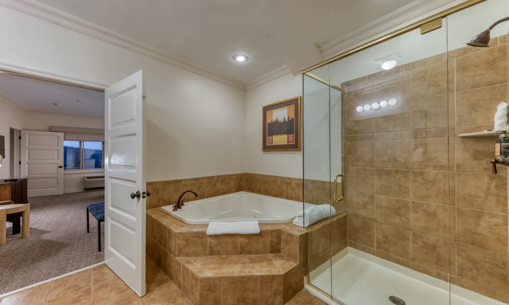 Large bathroom in hotel suite with tub and shower