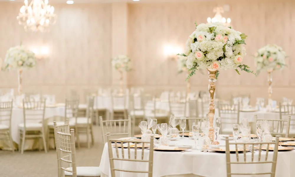 Beautiful ballroom decorated for classic wedding at Crystal Springs Resort