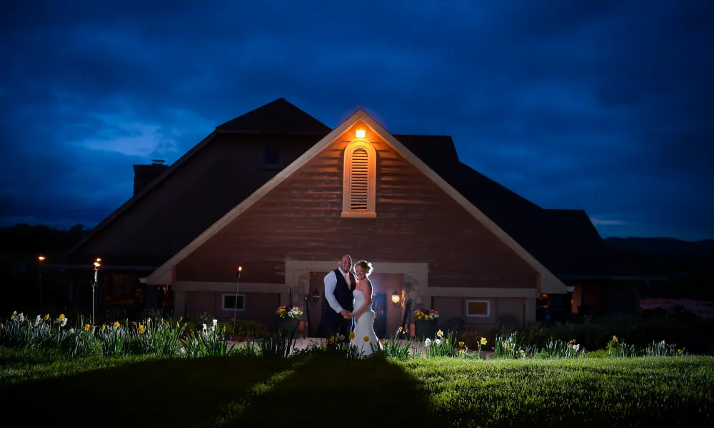 Bride and groom in front of Ballyowen clubhouse