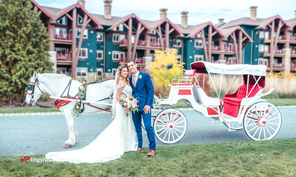 Bride and groom in front of horse drawn carriage at Crystal Springs Resort