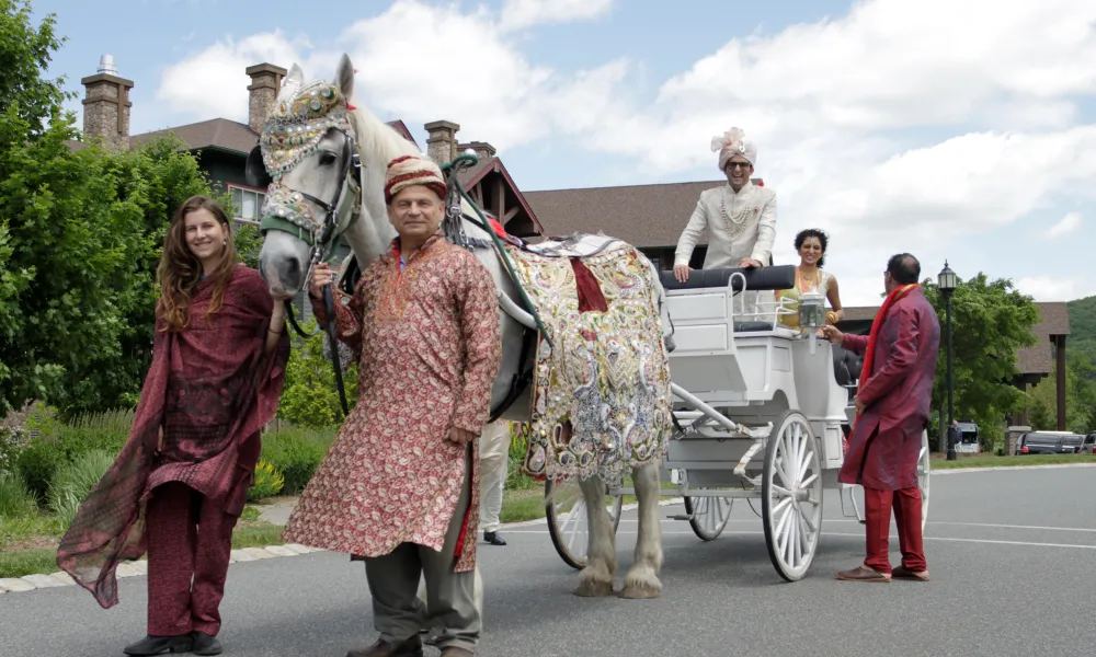 Indian groom riding in carriage behind white horse