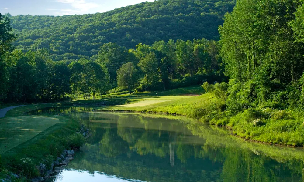 The pond at the 7th hole at Black Bear golf course at Crystal Springs Resort