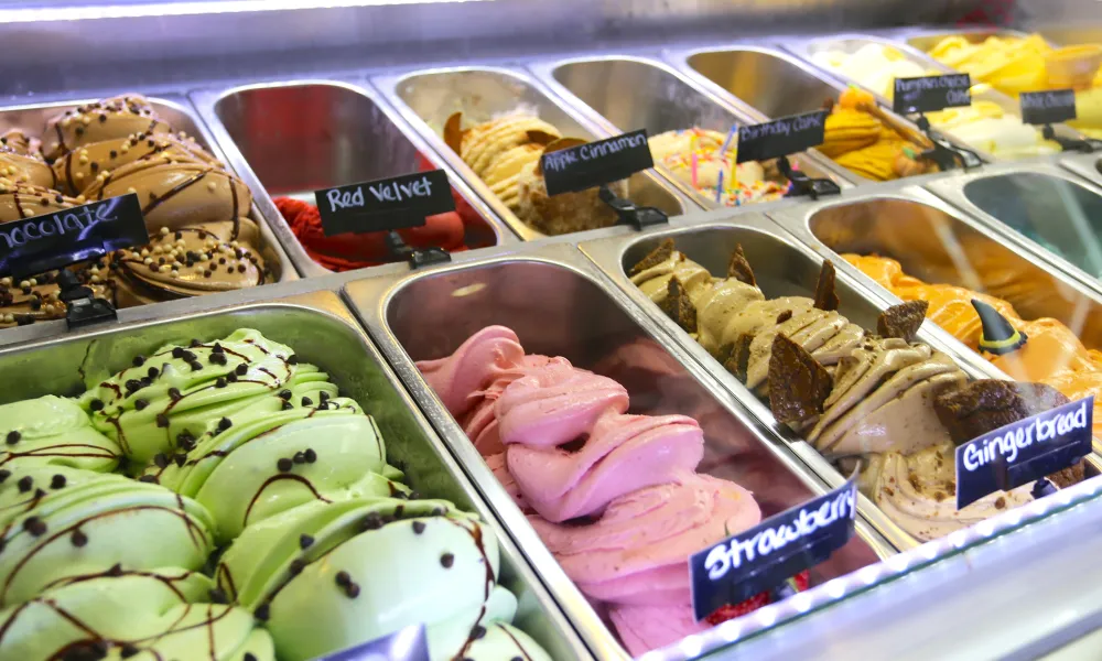 Array of gelato flavors.