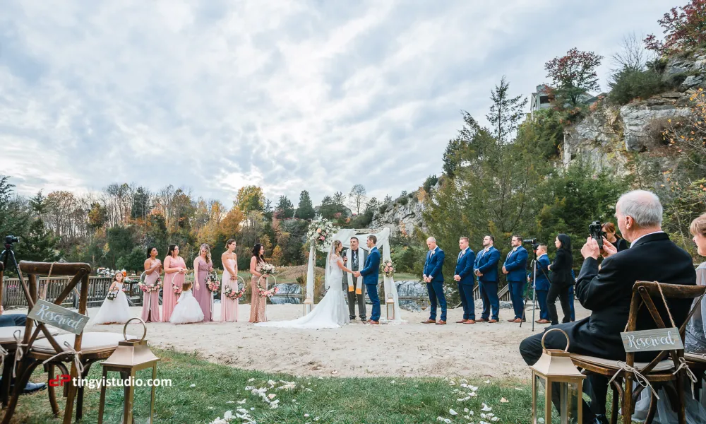 Bride and groom standing at alter with bridesmaids and groomsmen