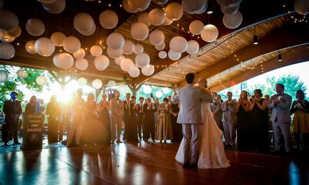 Wedding couple dancing during reception at Sweetgrass Pavillion