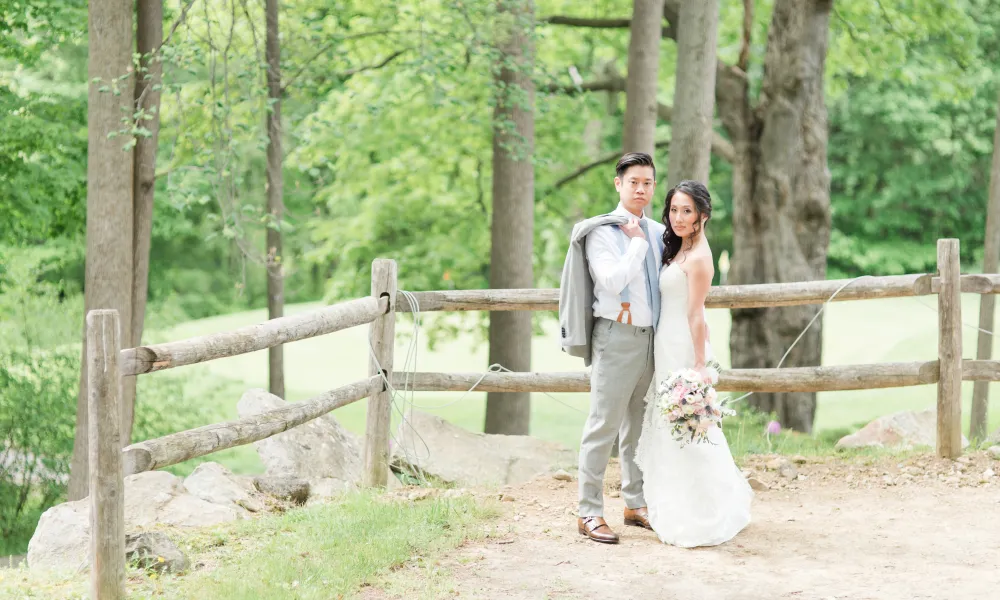 Bride and groom outdoors