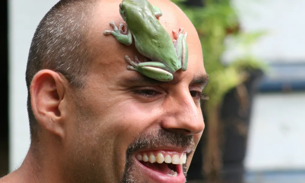 Man with green frog on his forehead.