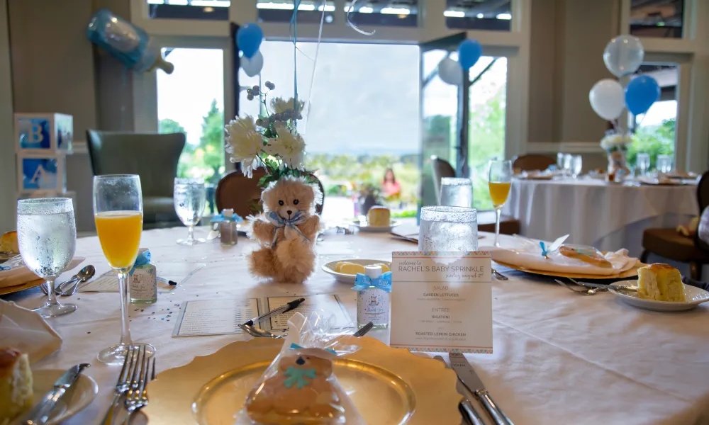 Garden Room set up for a baby shower at Crystal Springs Resort