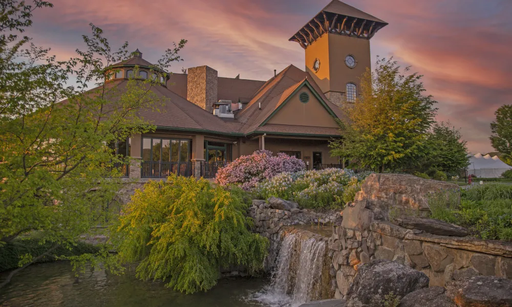 The Crystal Springs Clubhouse at sunset