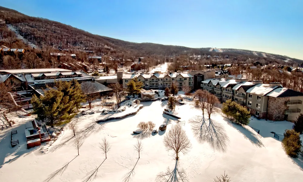 Winter overview of snowy Minerals Hotel