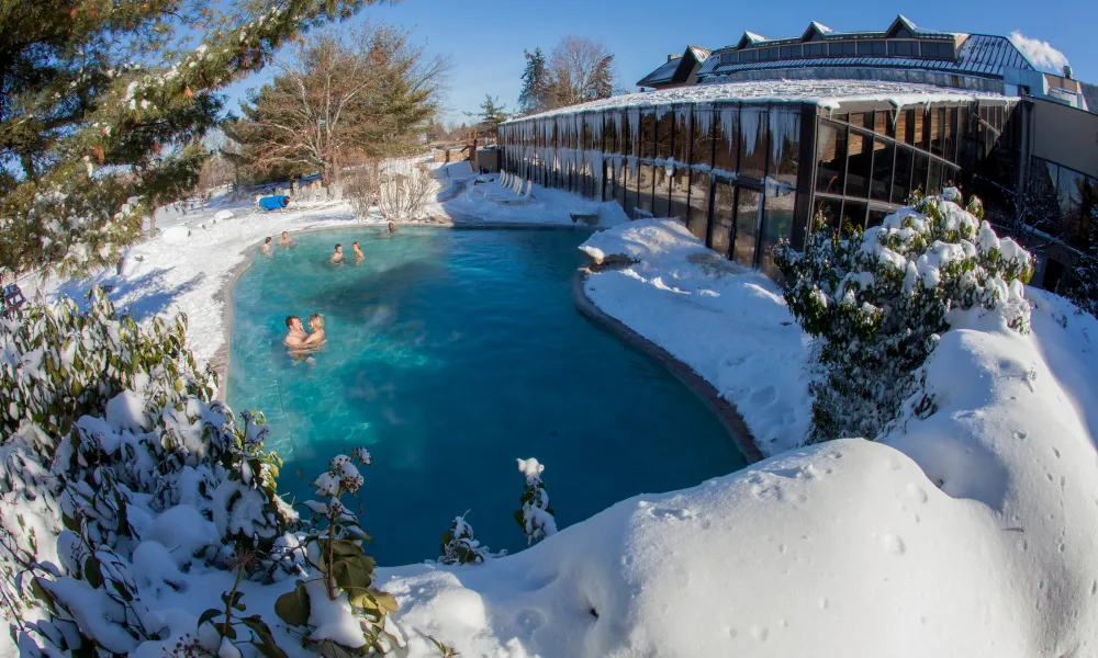 Overview of Minerals Hotel snow pool at Crystal Springs Resort in NJ