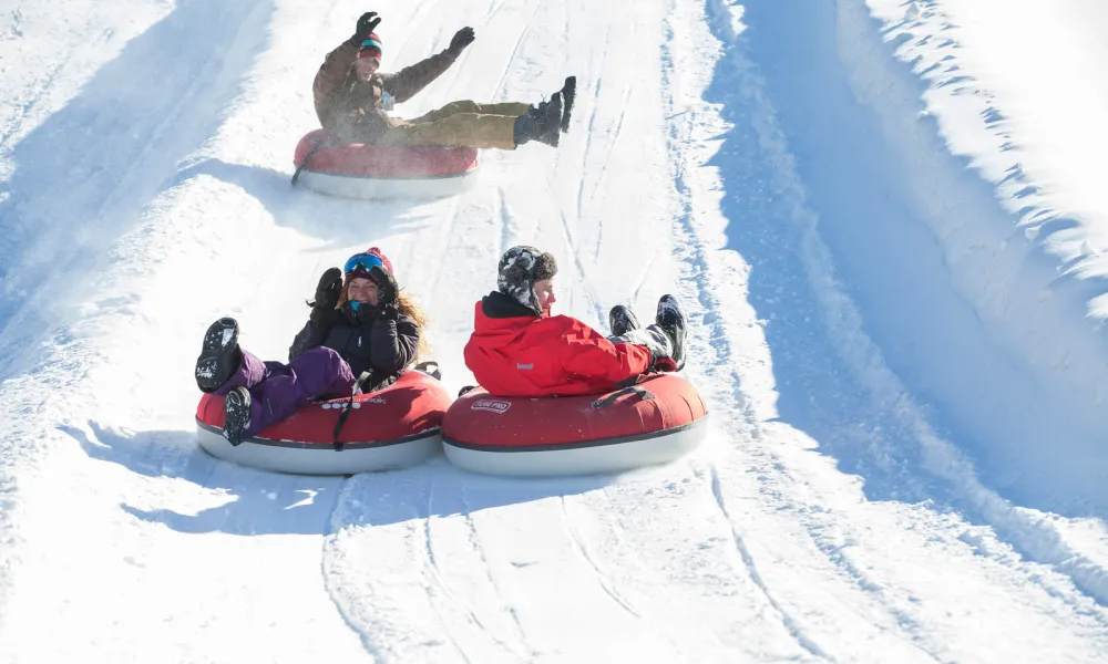 Family snow tubing down mountain.