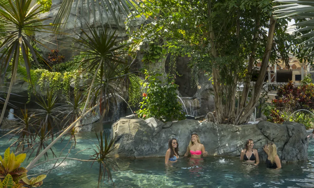 Four girlfriends hanging out in Bioshpere pool