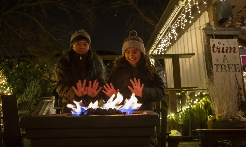 Two people warming hands up by fire.