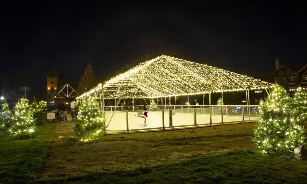 Glice skating rink lit up at night.