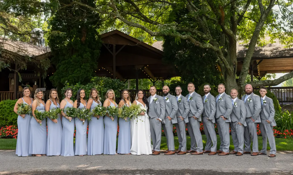 Wedding party in front of Sweetgrass Pavillion