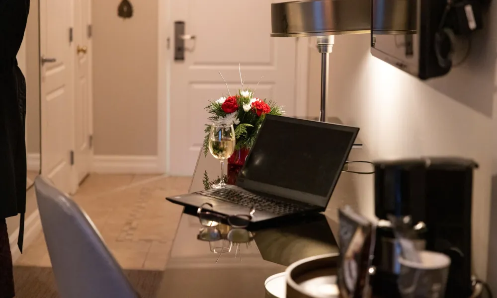 Desk area in guest room at Minerals Hotel