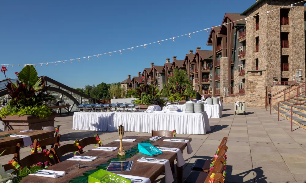 Seating set up for an event on the Fire + Water Terrace at Crystal Springs Resort