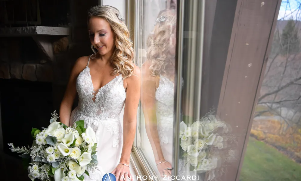 Women in wedding dress with flower bouquet