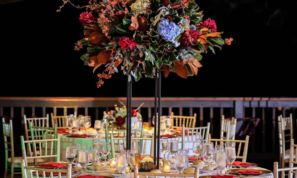 Large colorful flower centerpiece at Sweetgrass Pavilion