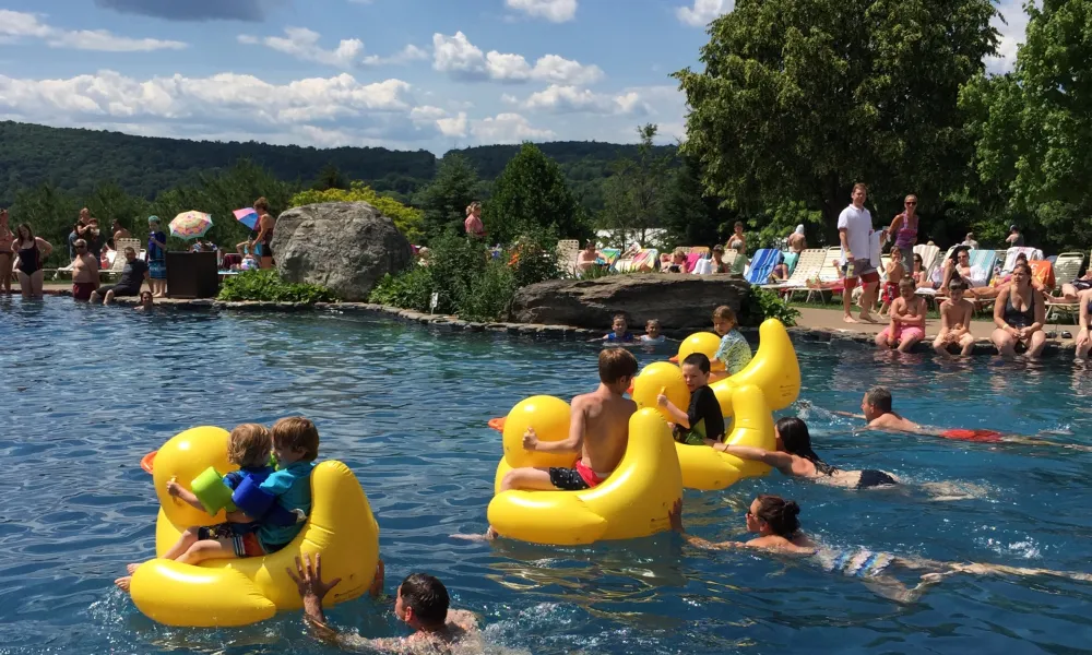 Duck float race across the pool at Crystal Springs Resort in NJ