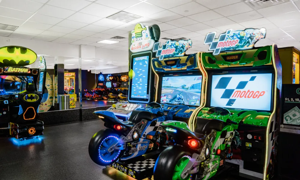 Motorcycle arcade games at Minerals Hotel.