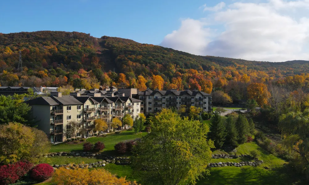 Exterior view of Minerals Hotel during fall