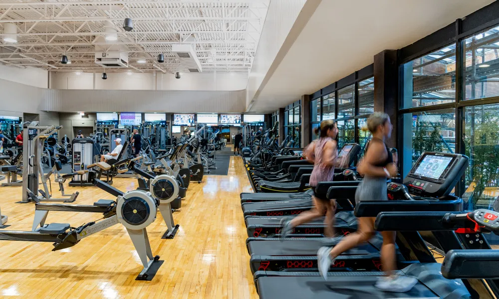 Two women running on treadmills at Minerals Sports Club.