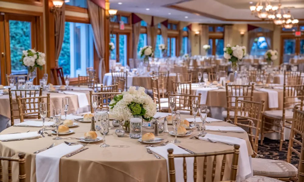 Wedding reception table settings.