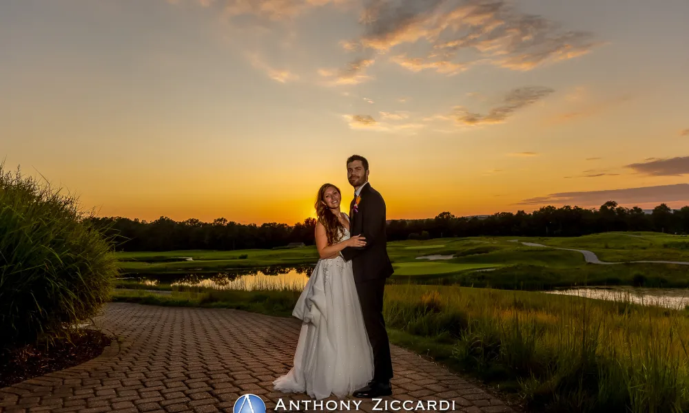 Bride and groom at sunset at Ballyowen Golf Club